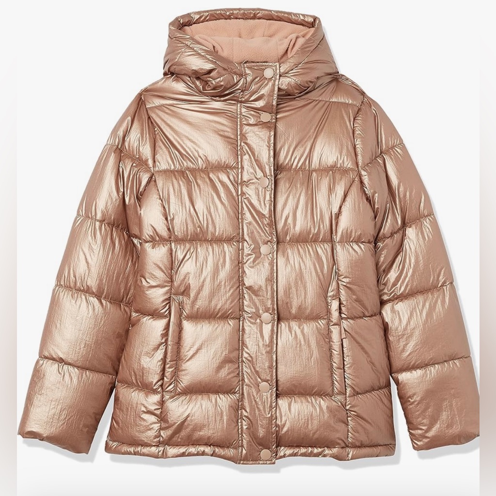 Amazon Essentials Metallic Gold Puffer Coat Women’s M Water Resistant Hooded New